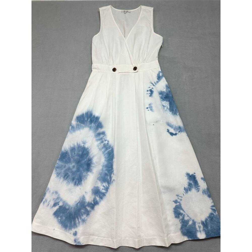 Madewell White Blue Tie Dye Cotton Linen Blend Wrap Maxi Dress Size 2 (Small) - Picture 6 of 13